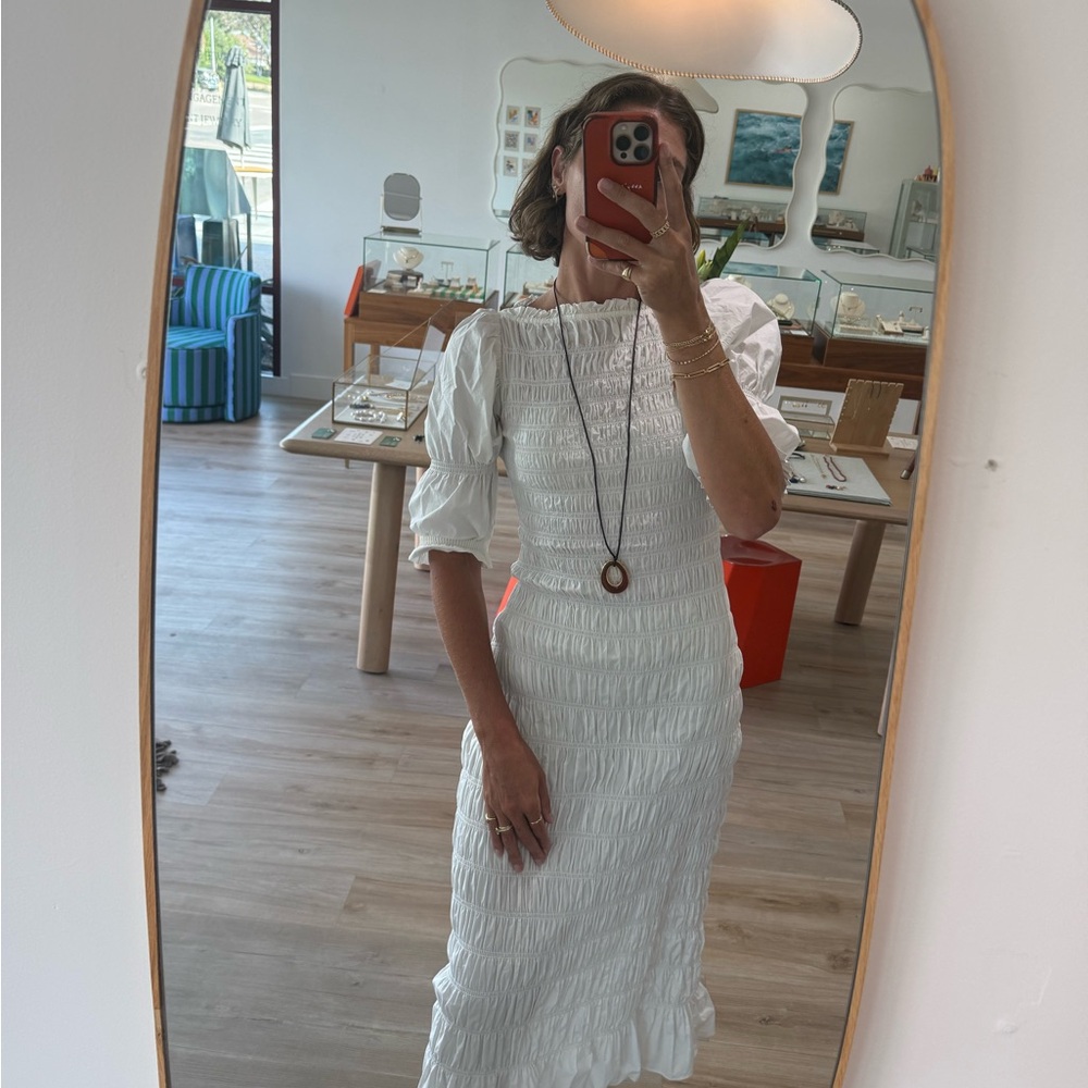 Doen White Smocked Midi Dress with Puff Sleeves